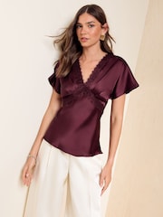 Friends Like These Berry Red Satin Short Sleeve Lace Blouse - Image 4 of 5