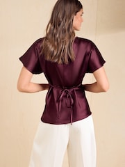 Friends Like These Berry Red Satin Short Sleeve Lace Blouse - Image 5 of 5