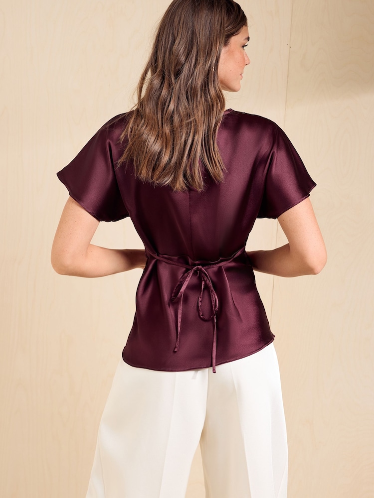 Friends Like These Berry Red Satin Short Sleeve Lace Blouse - Image 5 of 5