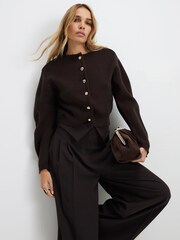 River Island Brown Knitted Structured Sleeve Button Cardigan - Image 1 of 4
