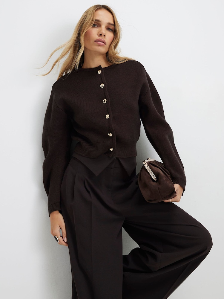 River Island Brown Knitted Structured Sleeve Button Cardigan - Image 1 of 4