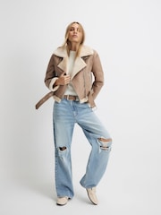 River Island Brown Belted Crop Aviator Jacket - Image 1 of 4