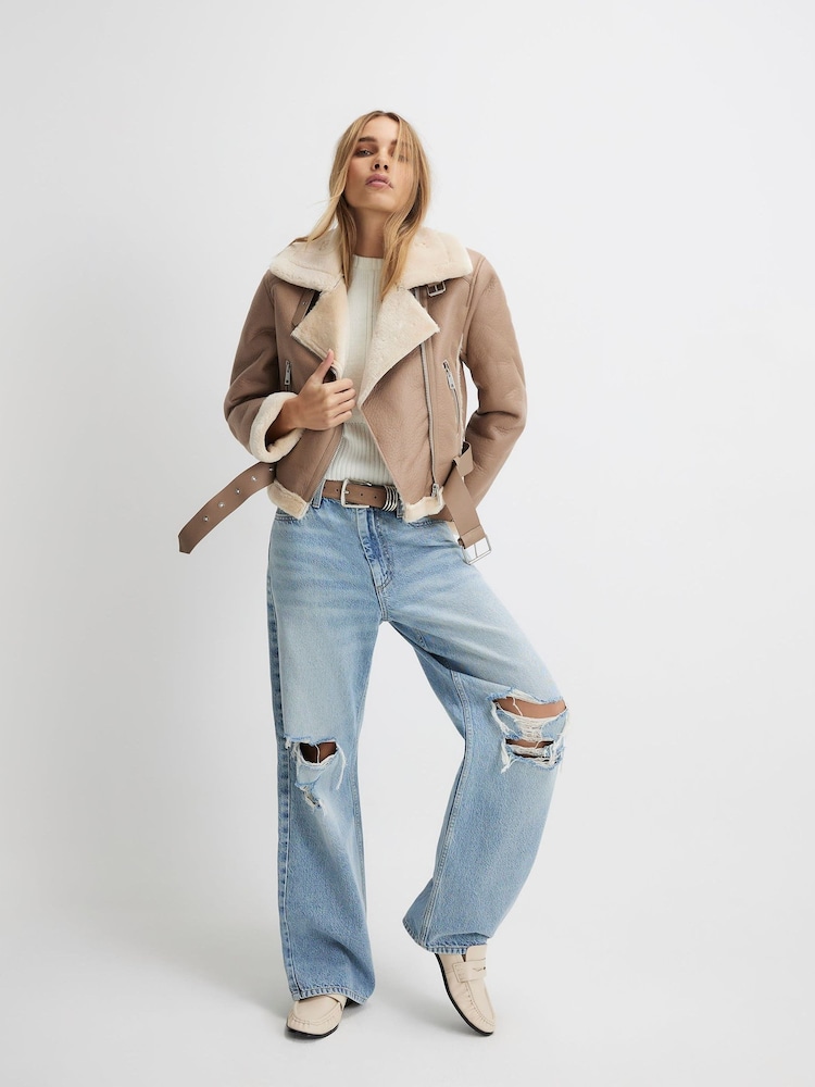 River Island Brown Belted Crop Aviator Jacket - Image 1 of 4