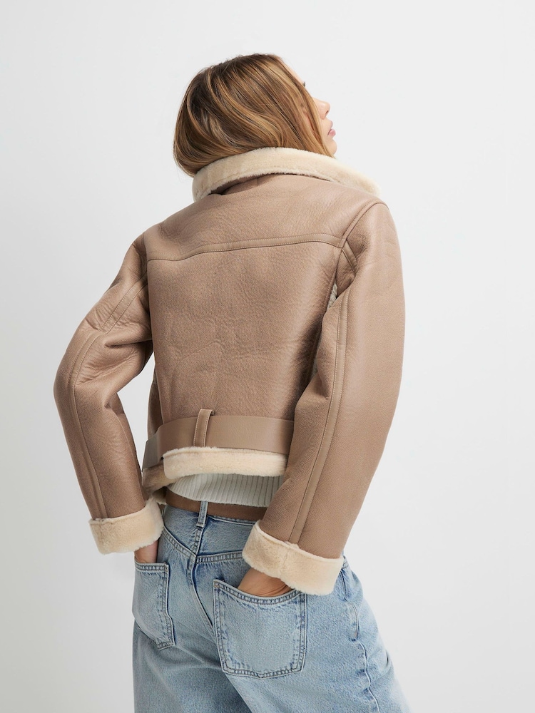 River Island Brown Belted Crop Aviator Jacket - Image 2 of 4