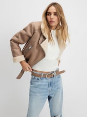 River Island Brown Belted Crop Aviator Jacket - Image 4 of 4
