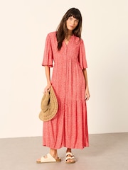 FatFace Paige Red Coral Texture Petite Midi Dress - Image 1 of 5