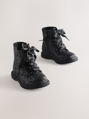 Black Glitter Wide Fit (G) Lace Up Ankle Boots - Image 1 of 6