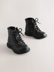 Black Glitter Wide Fit (G) Lace Up Ankle Boots - Image 2 of 6