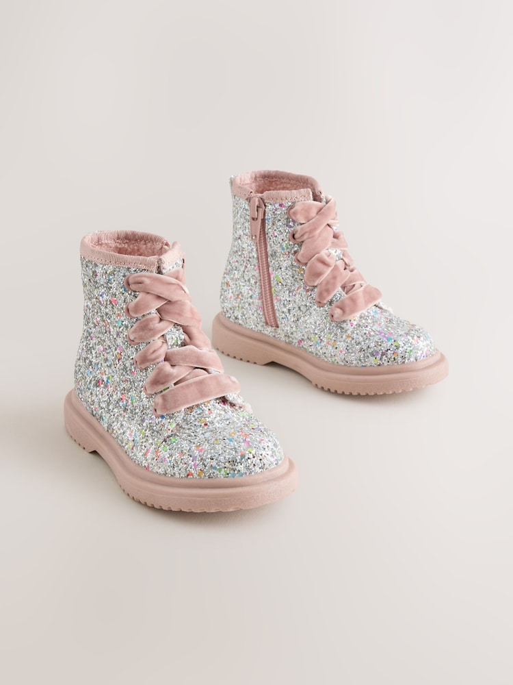 Silver/Pink Glitter - Lace Up Ankle Boots - Billede 1 af 5 Silver/Pink Glitter - Lace Up Ankle Boots - Billede 1 af 5