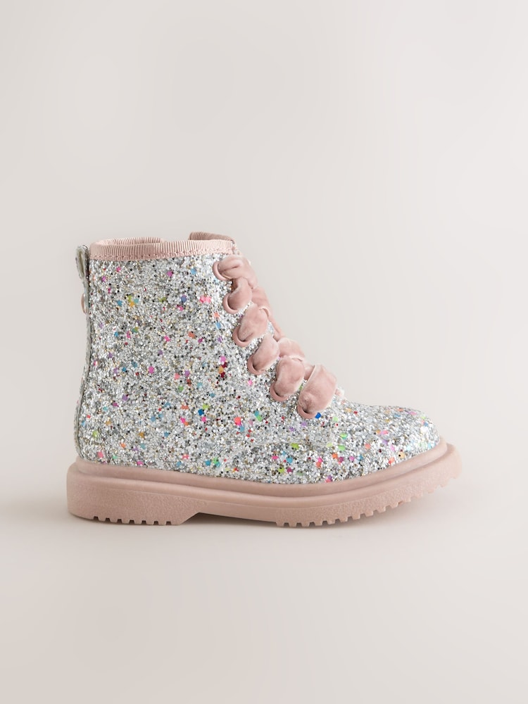 Silver/Pink Glitter - Lace Up Ankle Boots - Billede 2 af 5 Silver/Pink Glitter - Lace Up Ankle Boots - Billede 2 af 5