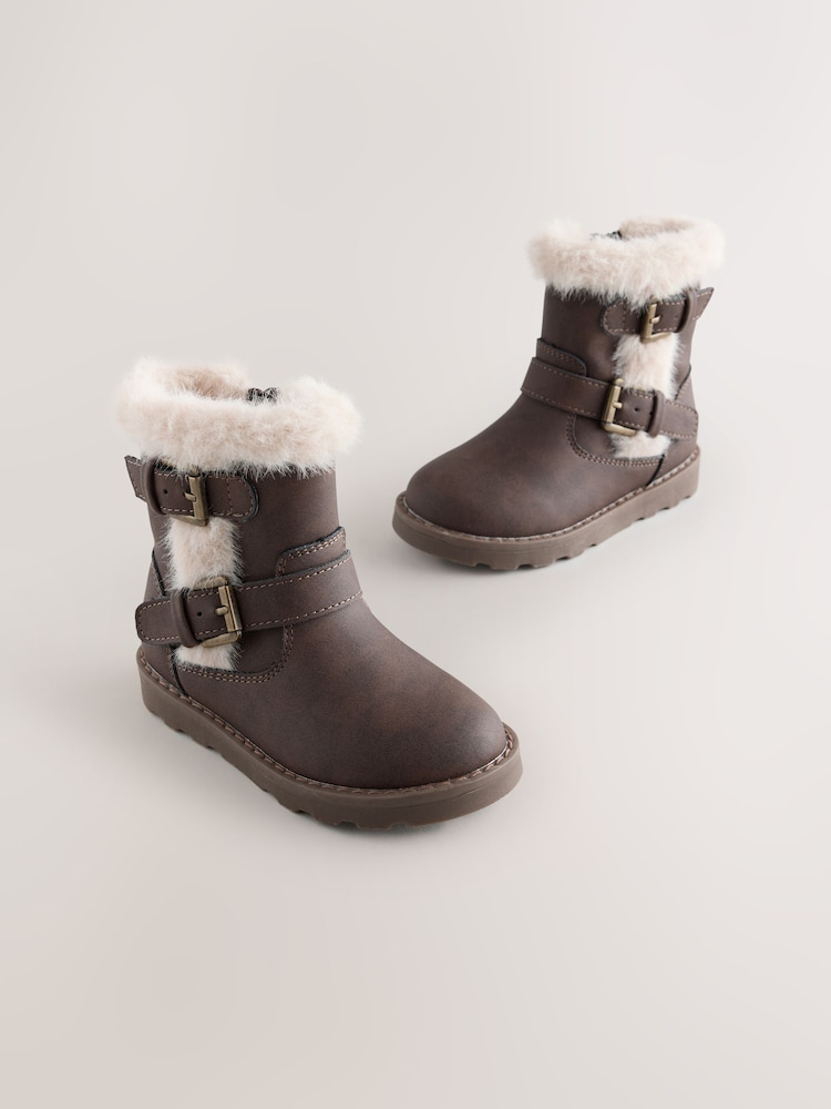 Chocolate Brown Fur Lined Buckle Boots - Image 1 of 5 Chocolate Brown Fur Lined Buckle Boots - Image 1 of 5