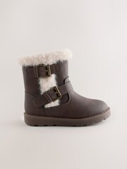 Chocolate Brown Fur Lined Buckle Boots - Image 2 of 5
