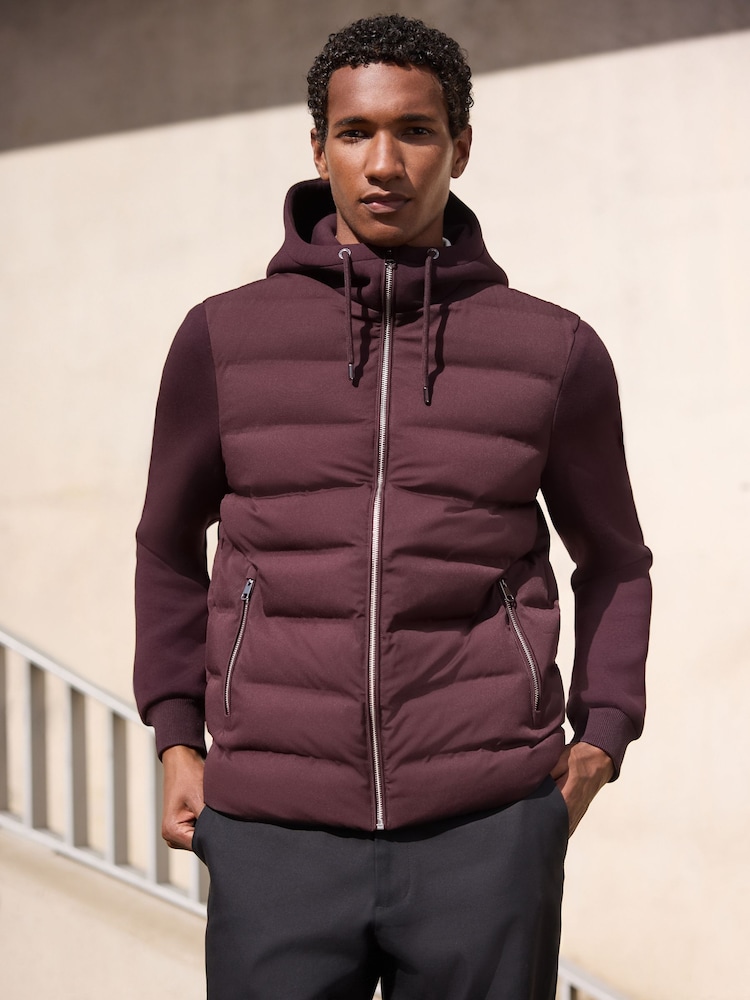 Burgundy Red Quilted Hybrid Hooded Jacket - Image 1 of 11 Burgundy Red Quilted Hybrid Hooded Jacket - Image 1 of 11