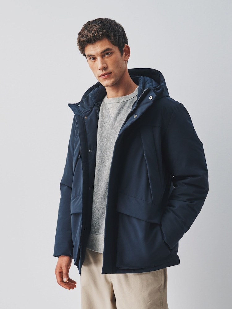 Navy Shower Resistant Borg Lined Parka Jacket - Image 1 of 13 Navy Shower Resistant Borg Lined Parka Jacket - Image 1 of 13