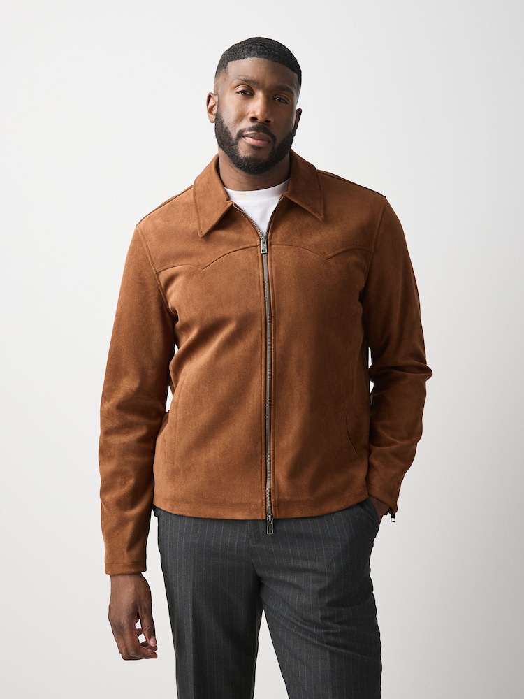 Tan Brown Faux Suede Muscle Fit Jacket - Image 1 of 13 Tan Brown Faux Suede Muscle Fit Jacket - Image 1 of 13