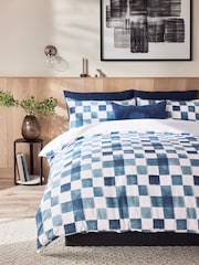 Blue Checkerboard Brushed 100% Cotton Reversibile Duvet Cover and Pillowcase Set - Image 1 of 4