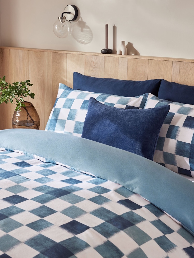 Blue Checkerboard Brushed 100% Cotton Reversibile Duvet Cover and Pillowcase Set - Image 2 of 4