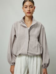 Neutral Lightweight Denim Funnel Neck Bomber Jacket - Image 1 of 6