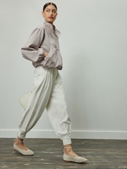 Neutral Lightweight Denim Funnel Neck Bomber Jacket - Image 2 of 6