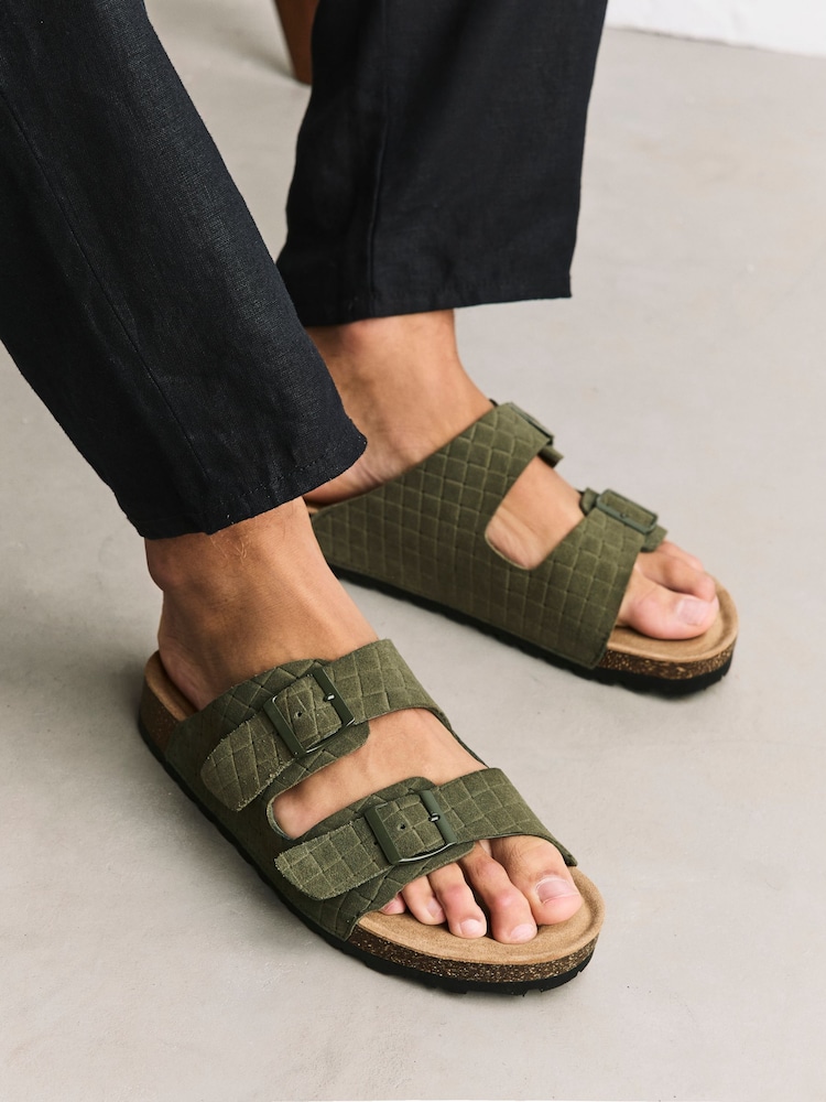 Khaki Green Weave Embossed Suede Two Buckle Sandals - Image 1 of 8