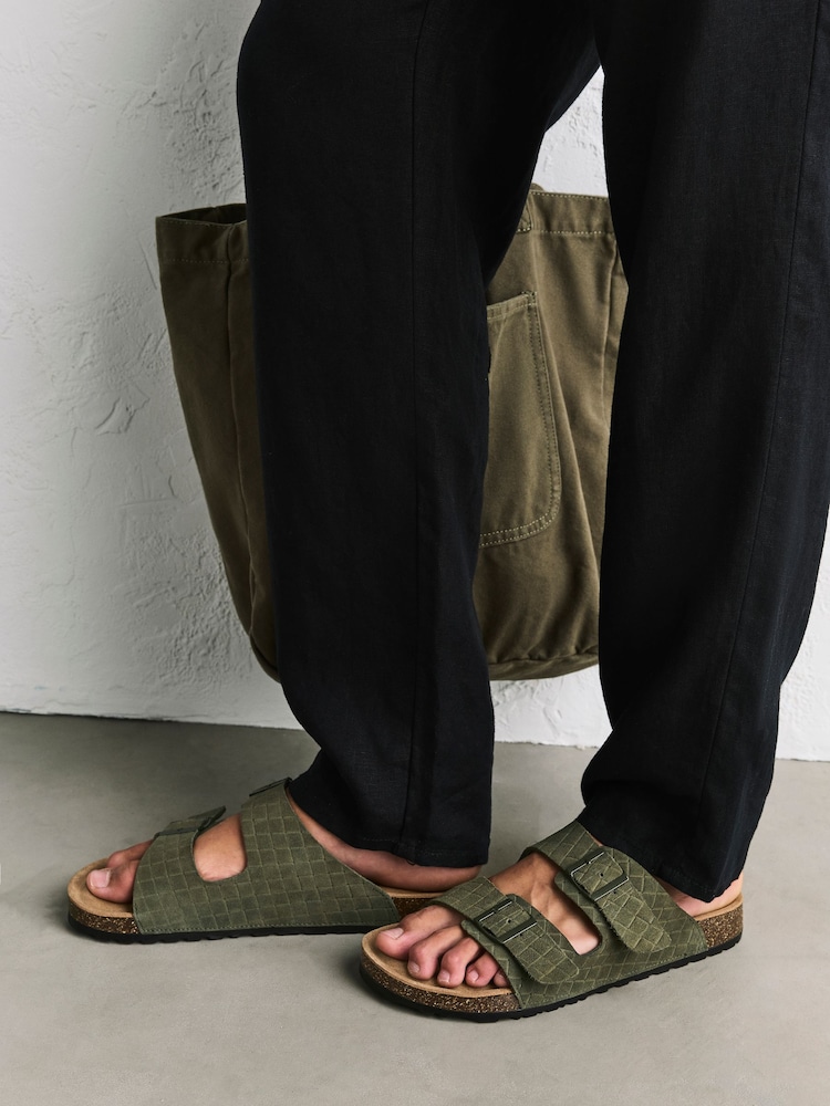 Khaki Green Weave Embossed Suede Two Buckle Sandals - Image 2 of 8