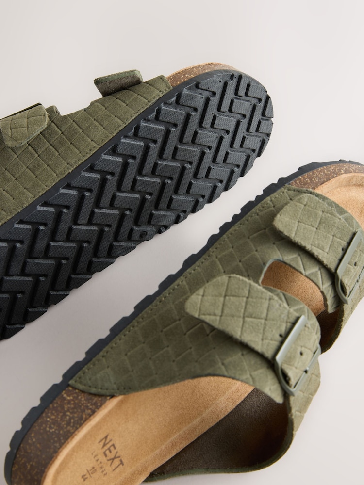 Khaki Green Weave Embossed Suede Two Buckle Sandals - Image 8 of 8