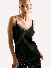 LOAVIES Midnight Bloom Lace Detail Satin Black Cami Top - Image 1 of 5