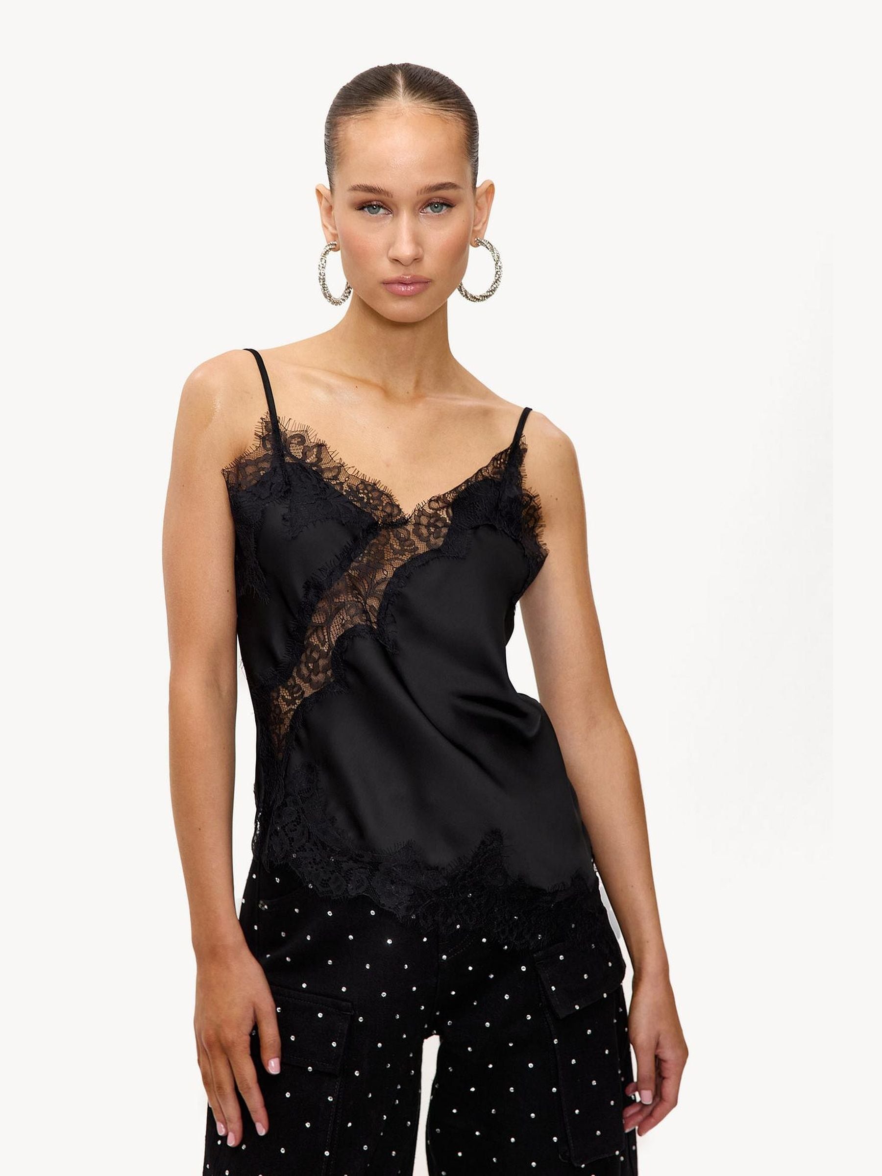 Buy LOAVIES Black Midnight Bloom Lace Detail Satin Cami Top from