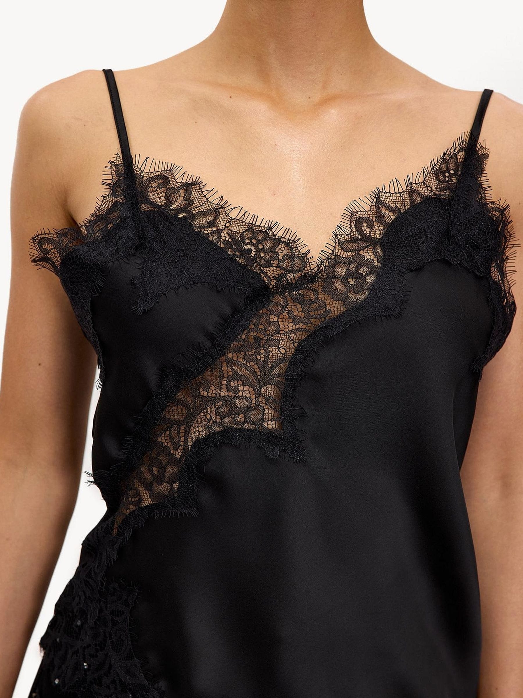 Buy LOAVIES Black Midnight Bloom Lace Detail Satin Cami Top from