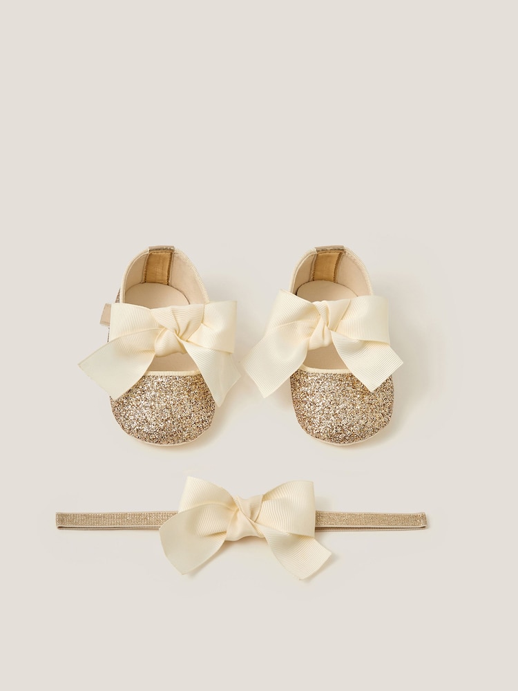 Monsoon Gold Baby Bow Glitter Headband & Booties Set - Image 1 of 3 Monsoon Gold Baby Bow Glitter Headband & Booties Set - Image 1 of 3