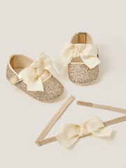 Monsoon Gold Baby Bow Glitter Headband & Booties Set - Image 3 of 3