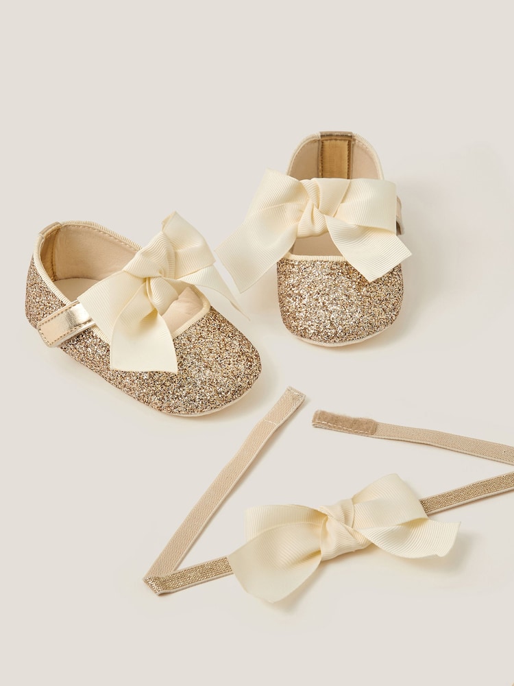 Monsoon Gold Baby Bow Glitter Headband & Booties Set - Image 3 of 3 Monsoon Gold Baby Bow Glitter Headband & Booties Set - Image 3 of 3