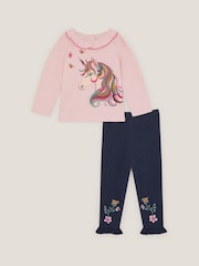 Monsoon Pink Baby Unicorn Top & Floral Leggings Set - Image 2 of 4