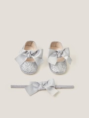 Monsoon Silver Baby Bow Glitter Headband & Booties Set - Image 1 of 3