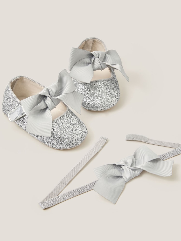 Monsoon Silver Baby Bow Glitter Headband & Booties Set - Image 2 of 3