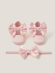 Monsoon Pink Baby Satin Bow Headband & Booties Set - Image 1 of 3