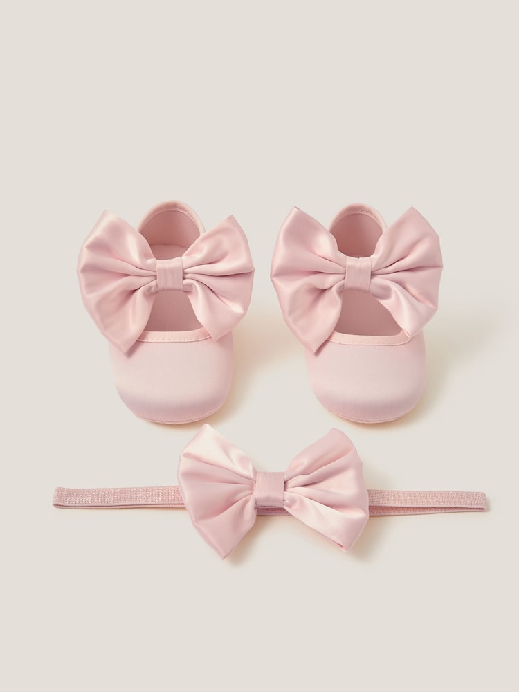 Monsoon Pink Baby Satin Bow Headband & Booties Set - Image 1 of 3
