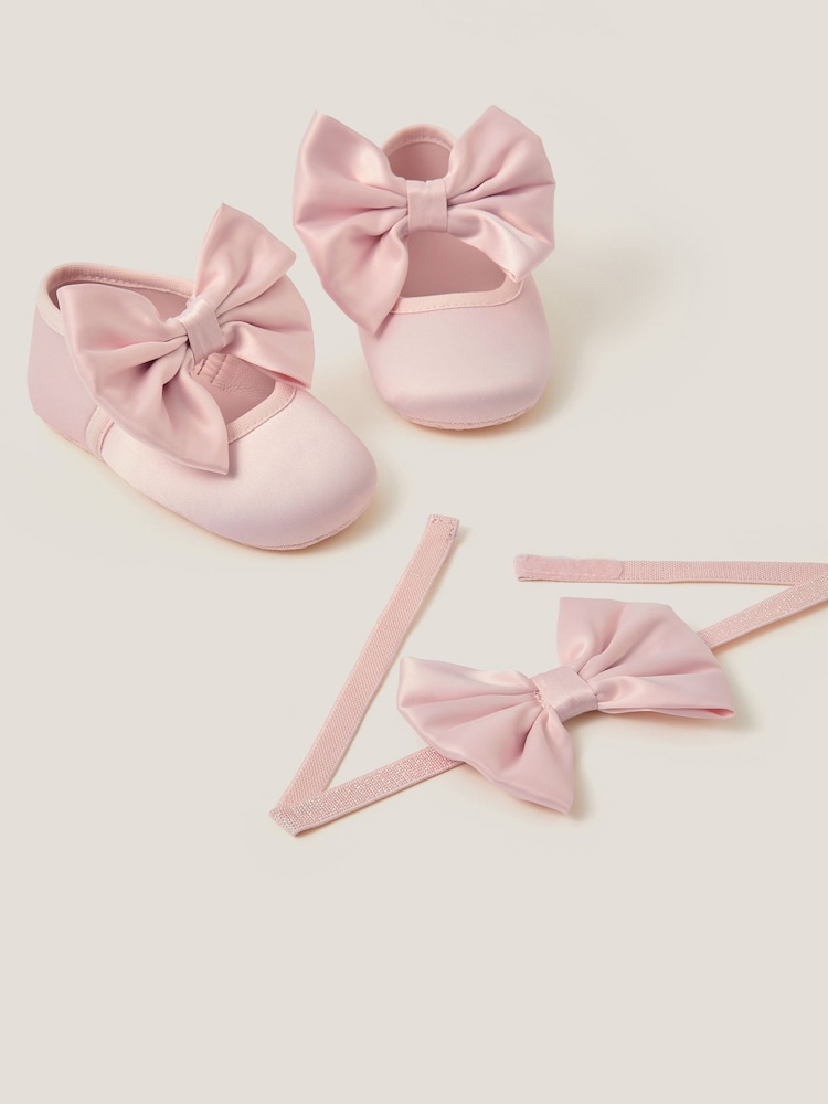 Monsoon Pink Baby Satin Bow Headband & Booties Set - Image 3 of 3