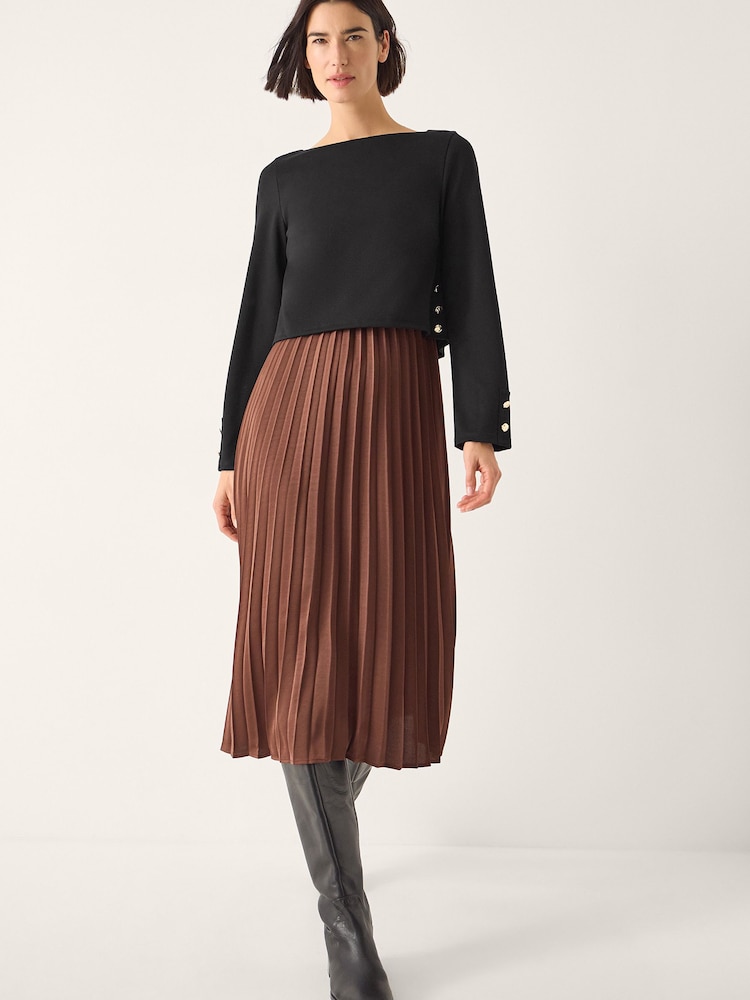 Monsoon Brown Flora Jersey Pleated Midi Dress - Image 1 of 6 Monsoon Brown Flora Jersey Pleated Midi Dress - Image 1 of 6
