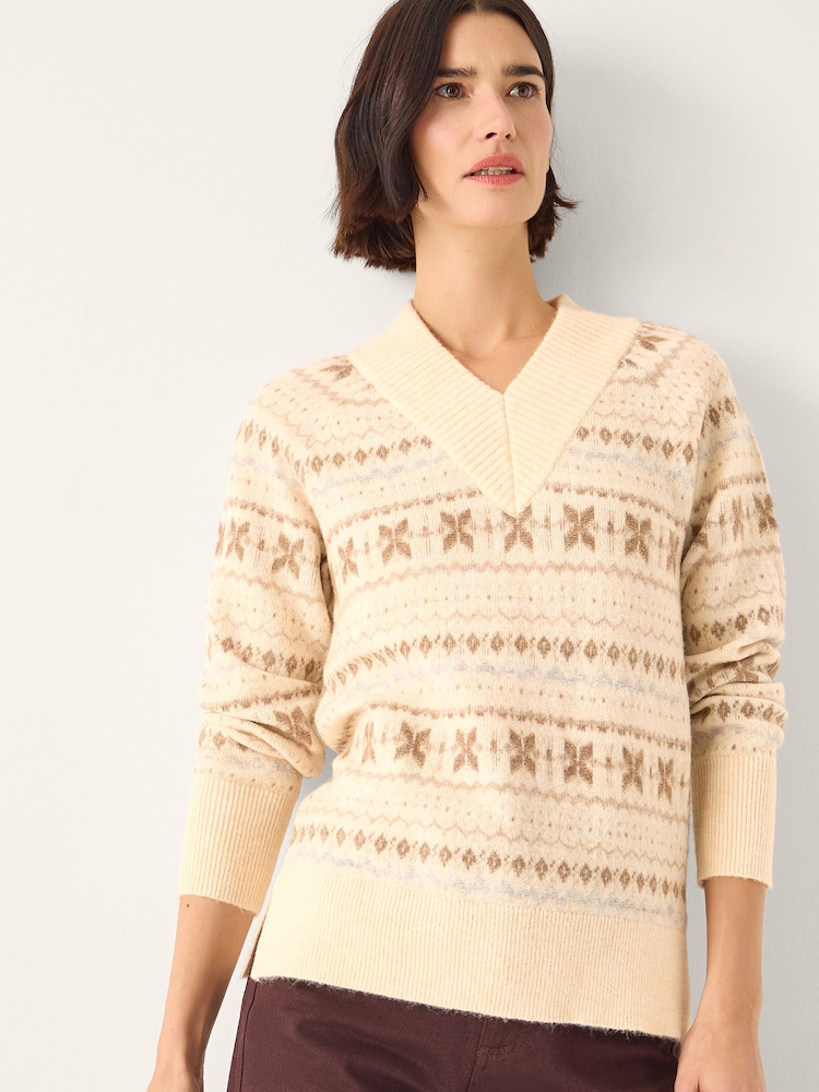 Monsoon Natural Febe V-Neck Fairisle Pattern Jumper - Image 1 of 5 Monsoon Natural Febe V-Neck Fairisle Pattern Jumper - Image 1 of 5