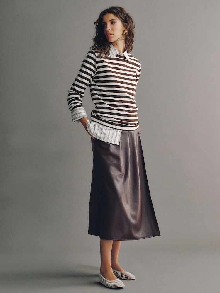 Chocolate Brown Faux Leather Midi Kilt Skirt - Image 1 of 7 Chocolate Brown Faux Leather Midi Kilt Skirt - Image 1 of 7