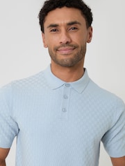 Threadbare Light Blue Basket Stitch Knitted Polo Shirt - Image 4 of 4