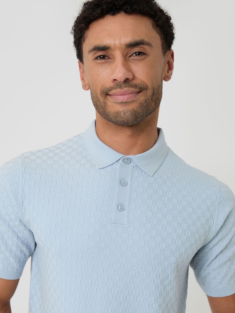 Threadbare Light Blue Basket Stitch Knitted Polo Shirt - Image 4 of 4