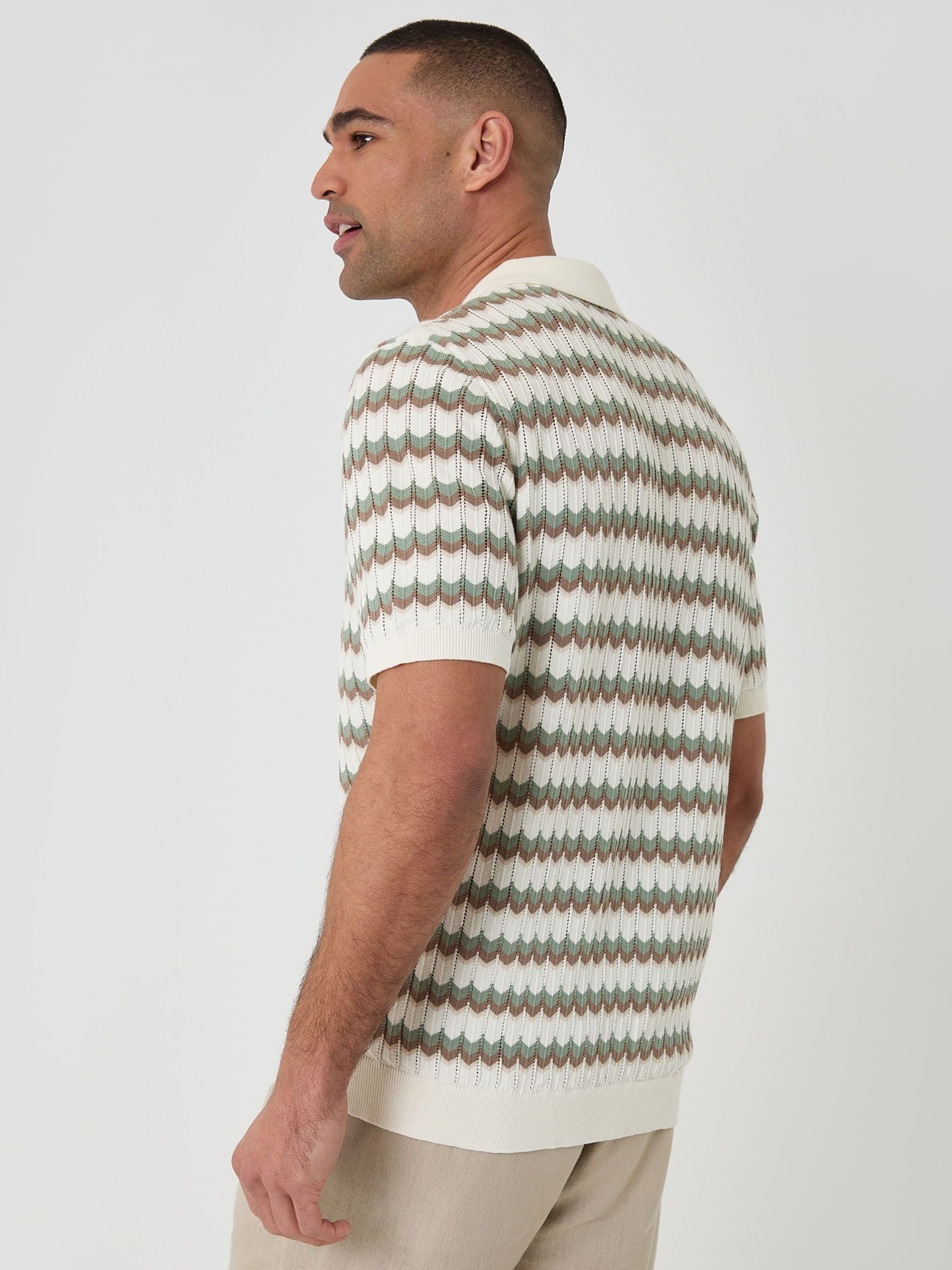 Buy Threadbare Cream Herringbone Stripe Knitted Quarter Zip Polo
