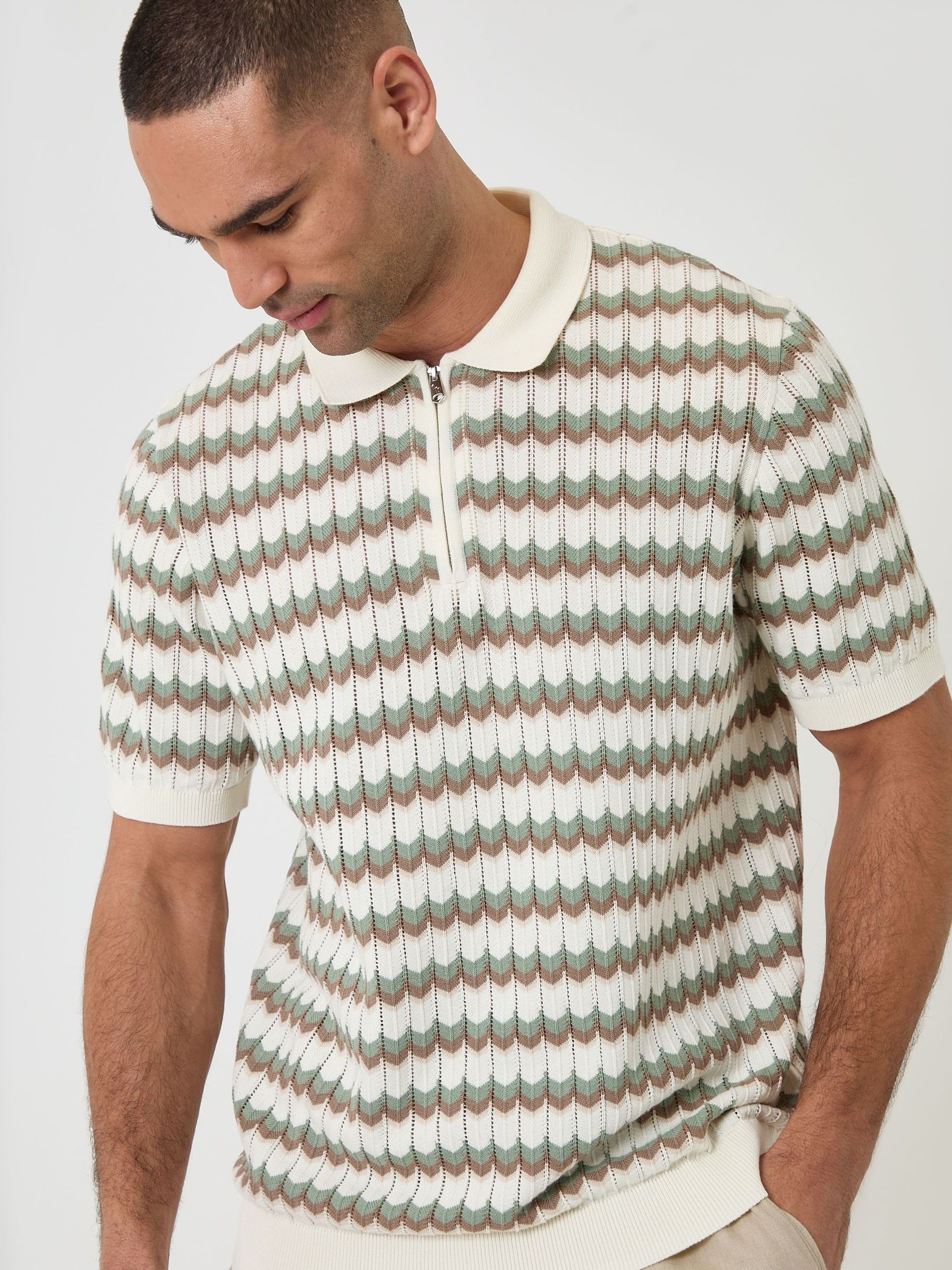 トップス FCRB QUARTER KNIT S/S CREWNECK SHIRT Buy Threadbare Cream Herringbone Stripe Knitted Quarter Zip Polo