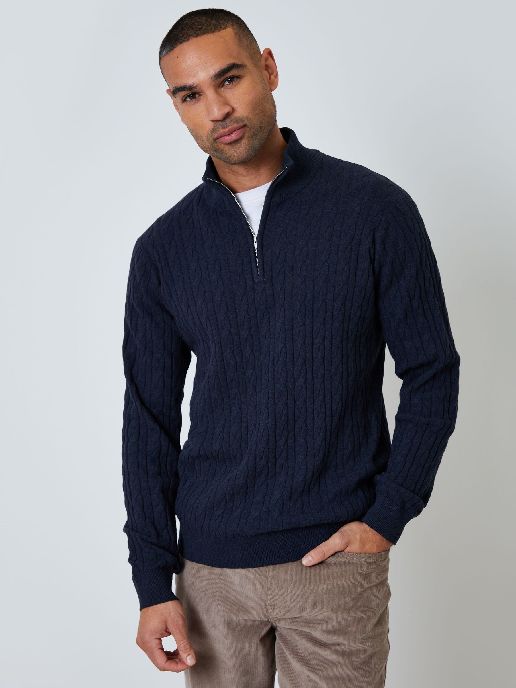 Buy Threadbare Navy Blue Cable Knit Quarter Zip Jumper from the
