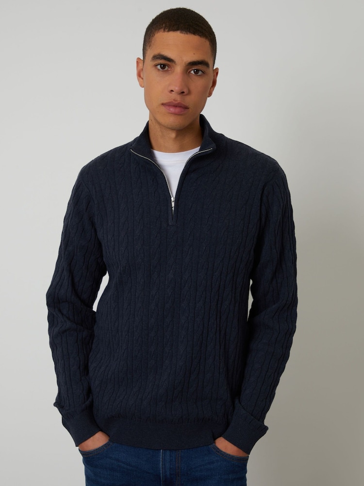 Threadbare Navy Blue Cable Knit Quarter Zip Jumper - Image 1 of 4