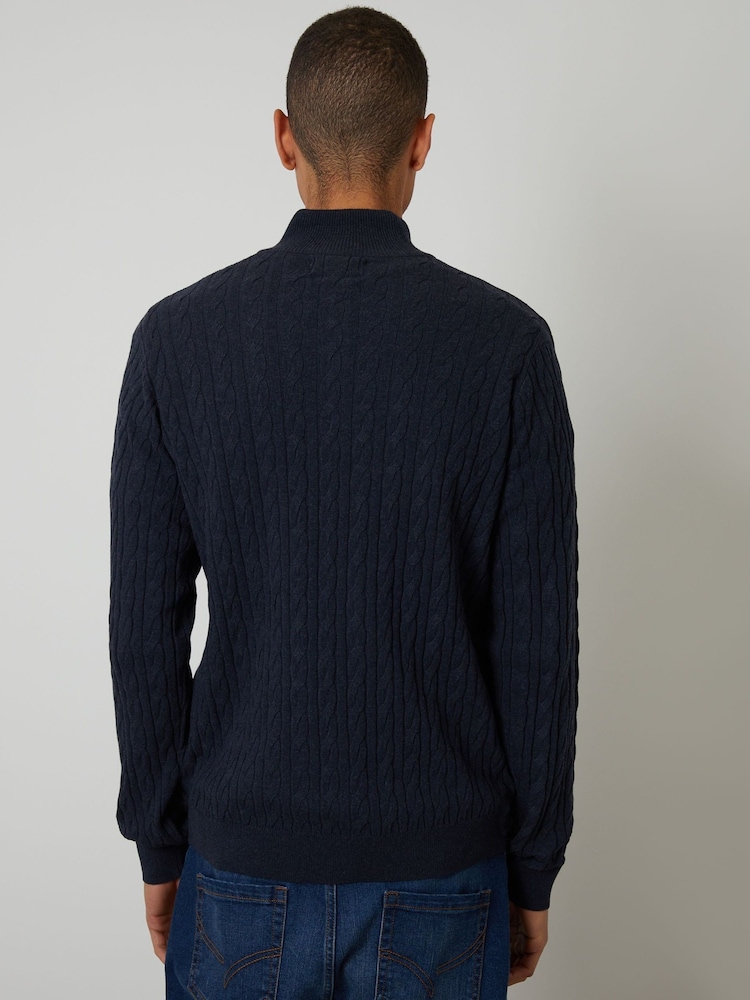 Threadbare Navy Blue Cable Knit Quarter Zip Jumper - Image 2 of 4