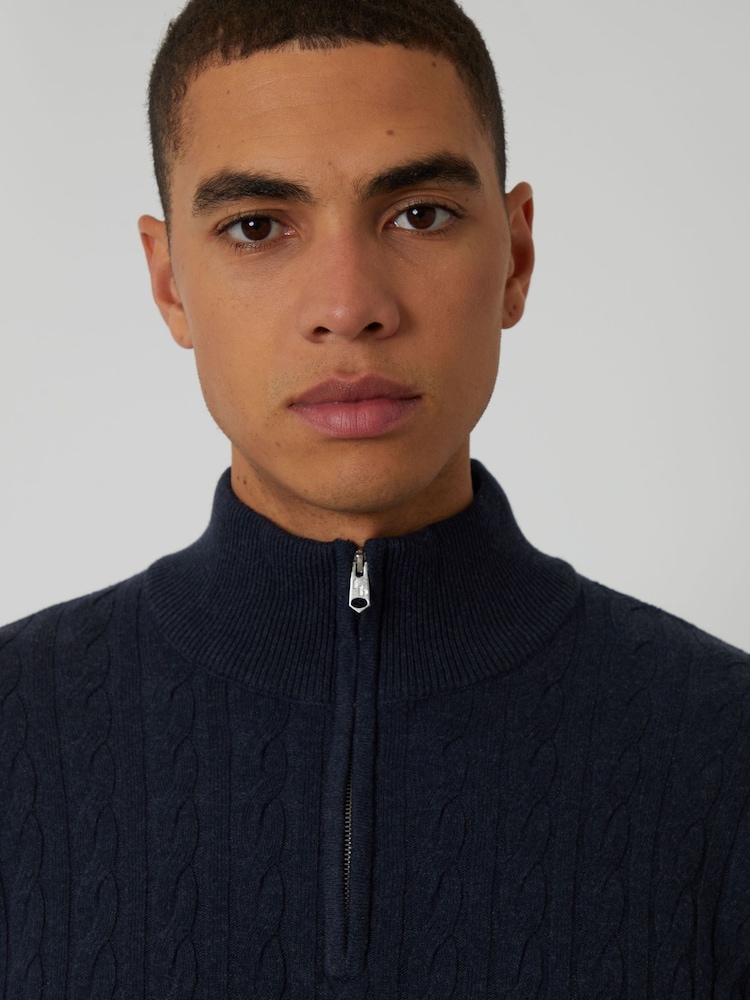 Threadbare Navy Blue Cable Knit Quarter Zip Jumper - Image 4 of 4