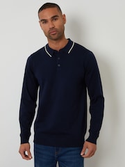 Threadbare Blue Knitted Long Sleeve Contrast Tipping Polo Jumper - Image 1 of 4